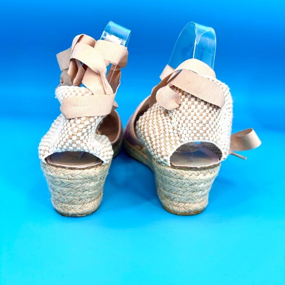 ILSE JACOBSON METALLIC THREAD BEIGE RIBBON TIE UP ANKLE STRAP ESPADRILLE WEDGE S - Picture 5 of 9